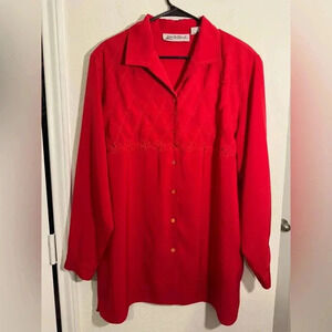 Yves St Clair Red Christmas Festive Long Sleeve Flower Button Down Front Sz 18W